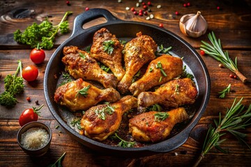 Fototapeta premium Panoramic Delicious Crispy Fried Chicken Legs Seasoned to Perfection
