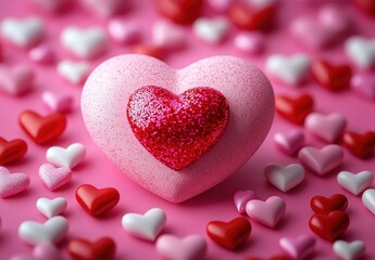 Obraz premium Close-up of a large pink heart with a smaller red glittery heart on top surrounded by scattered small hearts in red, white, and pink on a soft pink background, evoking love and warmth