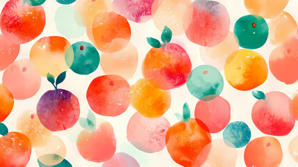 Colorful lively watercolor fruit pattern background for refreshing summer picnic cards. [Inverted Nature] | Painted Orchard | acrylic fruit. Illustration
