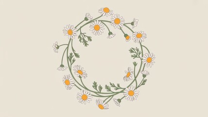 Minimalist line art daisy wreath illustration on soft cream.