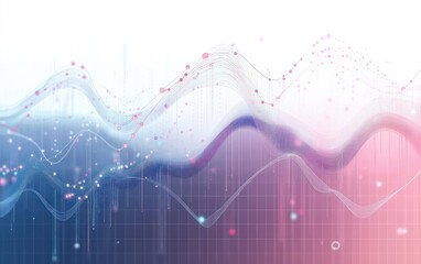 Fototapeta premium Abstract digital waves and data points forming fluctuating graphs with glowing dots on a gradient background blending blue and pink hues