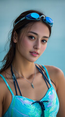 Naklejka premium woman, pool, summer, bikini, beauty, swimming, water, swim, beach, model, blue, people, swimsuit, vacation, lifestyle, smiling, person, leisure, smile, outdoor, holiday, sun, fun, swimming pool, face,