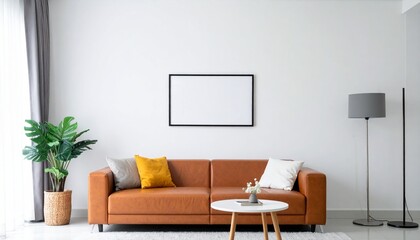 White wall interior living room have orange leather sofa and decoration minimal.
