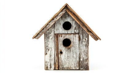 Rustic wooden birdhouse with two entry holes, weathered gray and brown wood, isolated on white.