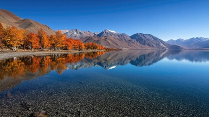 Serene Autumn Landscape with Reflections in Calm Mountain Lake