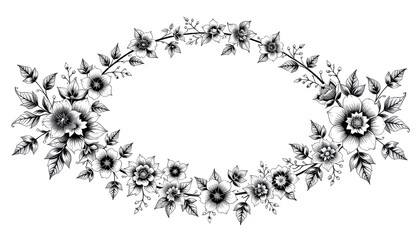 A black  and  white floral wreath with various flowers and leaves, forming an oval shape. 