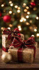 Two gold-wrapped gifts with red ribbons placed on a white table, bright natural light, minimal background.