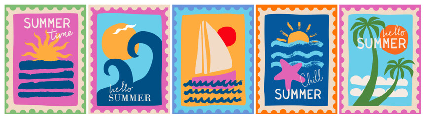 Set of sea, summer postage stamps. Hand drawn, paper cut, collage style. Sea, sun, boat, palm trees, waves, ocean. Design for card, sticker, cover, poster. Vacation, paradise, travel concept. © olechkaart