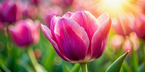 Naklejka premium Panoramic View of a Blooming Pink Tulip in a Spring Garden