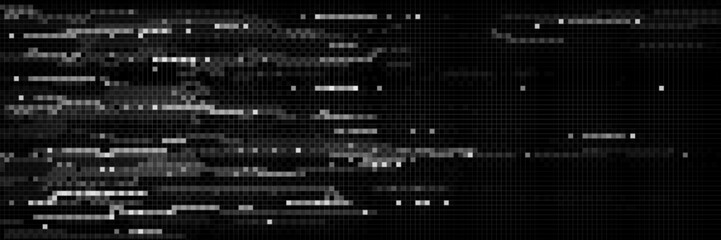Pixel glitch abstract black and white background. Mosaic distorted texture with horizontal scan lines, digital noise grain effect. Monochrome vector bg for computer screen error, tv signal fail.