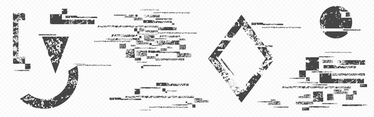 Glitch distorted vector shapes - diamond rhombus, circle and abstract geometric forms with grainy grunge texture. Abstract retro monochrome design elements. Distress overlay, noise grain effect.