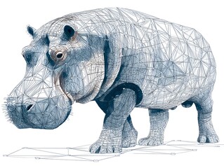 Fototapeta premium A detailed wireframe illustration of a hippopotamus stands on a white background showcasing its anatomical structure in a technical artistic style.