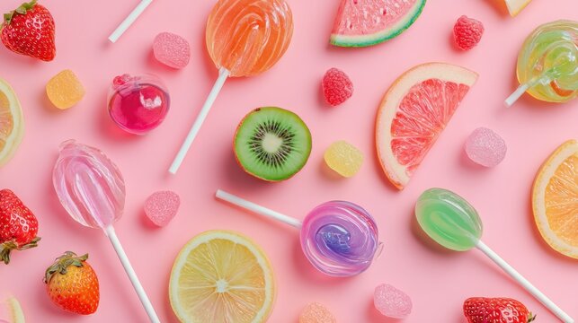 Colorful fruit and candy assortment on a pink background