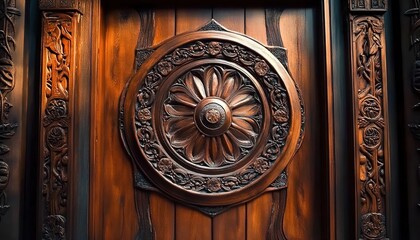 Fototapeta premium Ornate carved wooden door with central floral motif and side carvings.