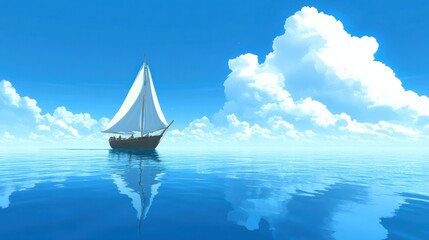 Fototapeta premium Sailboat on calm ocean under a blue sky with fluffy clouds.