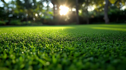 Naklejka premium Green Grass Close Up with Sun Shining Through Trees Background Image