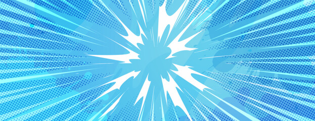 Fototapeta na wymiar Anime explosion background with radial lines - dynamic starburst with speed motion effect. Blue and white halftone pattern for superhero action in manga comic book style. Stylized decorative bg.
