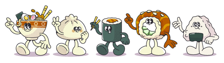 Retro sushi characters set - vintage style smiling rice rolls, nigiri and maki, bowl with ramen mascots showing peace sign. Japanese cuisine funny cartoon personages collection for cafe design.