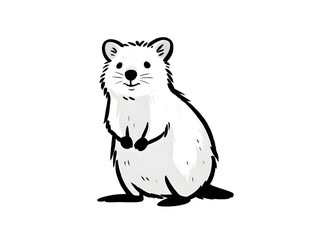 Obraz premium An adorable cartoon quokka stands happily on two feet with a cheerful smile and fluffy fur against a white background.
