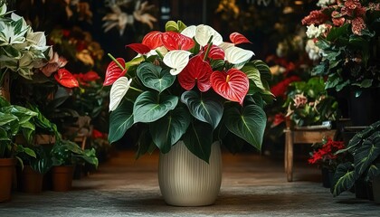 Fototapeta premium Potted anthurium plant on a flower shop counter with other green plants in warm