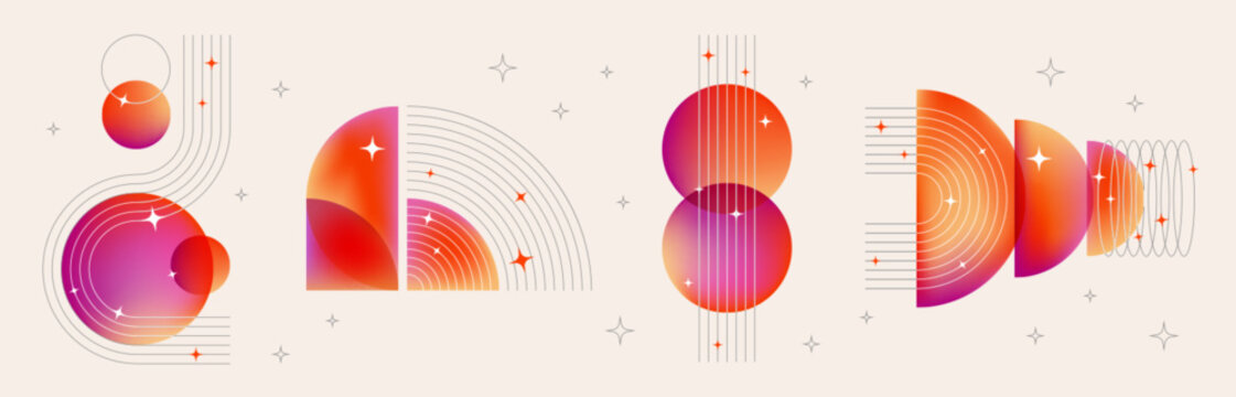 Bauhaus music poster design - geometric gradient shapes, arcs and line form for abstract record covers. Stylized retro illustration for vinyl albums with concentric patterns and shimmering stars. - Powered by Adobe