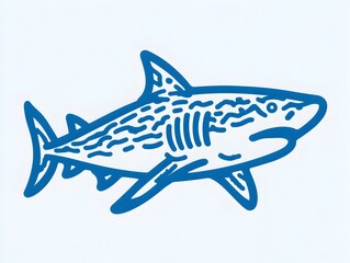 A stylized line art illustration depicts a great white shark swimming gracefully in the ocean depths.