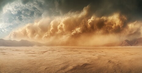 Immense dust storm over a desert landscape, dark clouds billowing, sand swirling across a flat expanse under a dramatic, ominous sky