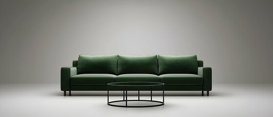 Dark Green Sofa And Coffee Table In Empty Room