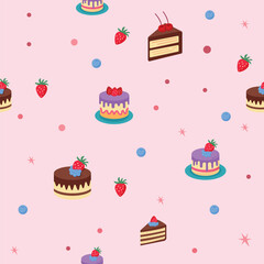 Cake Pattern on a Light Pink Background with Berries and Dots