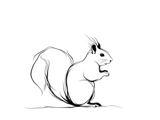 An elegant line art drawing of a squirrel sitting on the ground with its bushy tail elegantly curved.