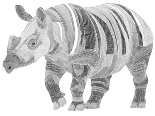 Fototapeta premium A stylized wireframe illustration depicts a young rhinoceros standing on a white background showcasing intricate linework details.