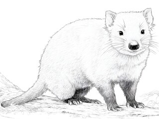 A detailed pencil sketch of a cute quoll sitting on a tree branch looking directly at the viewer.