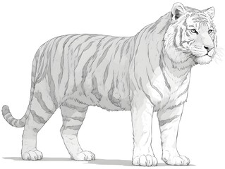 A majestic Siberian tiger stands proudly in profile showcasing its striking grey and white striped coat against a plain white background.