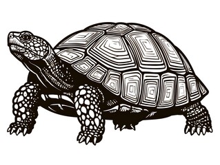 A detailed black and white illustration of a tortoise walking slowly with its intricately patterned.