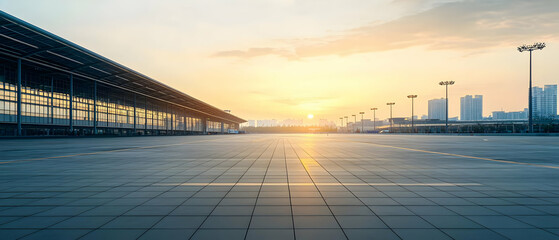 Empty Parking Lot At Sunrise Cityscape