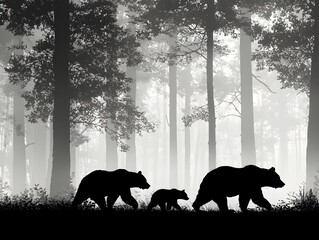 A mother bear and her two cubs walk through a misty forest, their silhouettes stark against the pale trees.