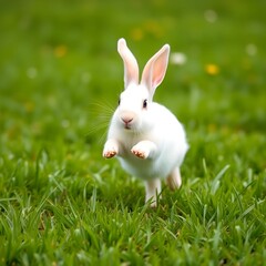Fototapeta premium Playful White Rabbit Hops Happily on Fresh Spring Green Grass