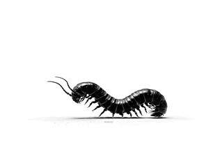Fototapeta premium A detailed close-up photograph showcases a black centipede crawling on a white background, its many legs visible in focus.