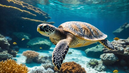 A majestic sea turtle glides effortlessly over a vibrant coral reef at Faro 2, showcasing the high fidelity detail and natural beauty of the underwater ecosystem.