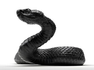 Naklejka premium A menacing black viper snake coiled in a defensive posture is isolated on a pure white background ready to strike.