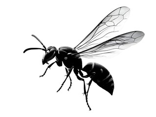 A detailed close-up studio shot of a black wasp insect in flight against a pure white background.