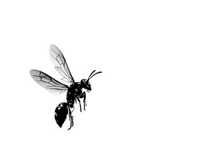 A detailed illustration of a wasp in flight against a stark white background showcasing intricate wing detail and body structure.