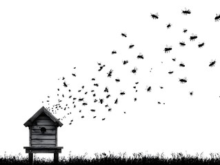 A swarm of bees emerges from a rustic wooden beehive in a field of tall grass against a white background.