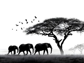 Three majestic African elephants walk gracefully under a sprawling acacia tree in the serene savanna landscape with birds in flight.