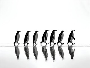 A line of seven penguins walks in single file along a pristine shoreline reflecting in the calm water.