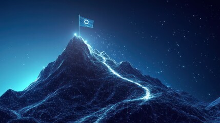 Digital Peak Flag on glowing mountain, starry night, path to success, future concept