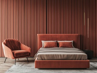 Modern bedroom with terracotta-colored walls and furniture