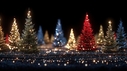 Close-up of decorated Christmas trees with warm white lights glowing in a festive indoor setting.