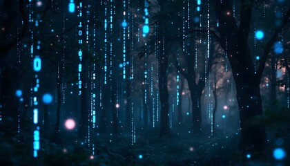 Abstract binary code rain with glowing light effects, dark background with electric blue and white digital particles 