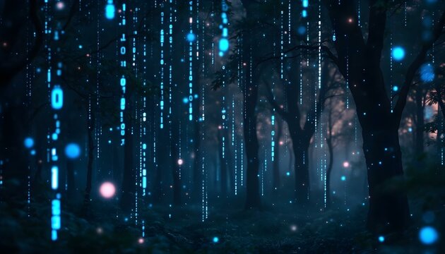 Abstract binary code rain with glowing light effects, dark background with electric blue and white digital particles 